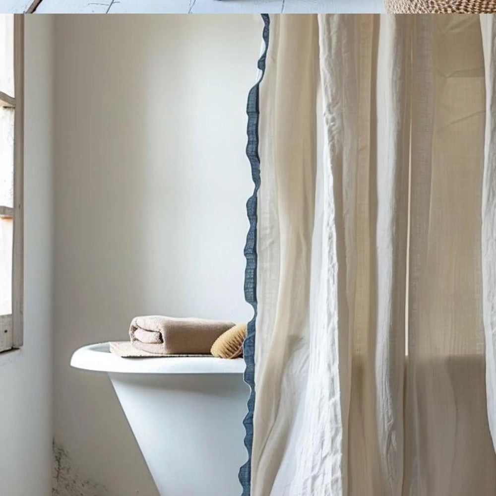 Linen Curtain (1 Panel) with Ruffles, Ruffled Cafe Curtain, Cloth Divider, Flax Curtains, Natural