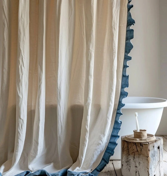 Linen Curtain (1 Panel) with Ruffles, Ruffled Cafe Curtain, Cloth Divider, Flax Curtains, Natural